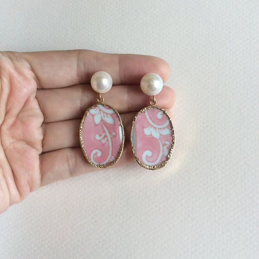 Pink foliage porcelain earrings