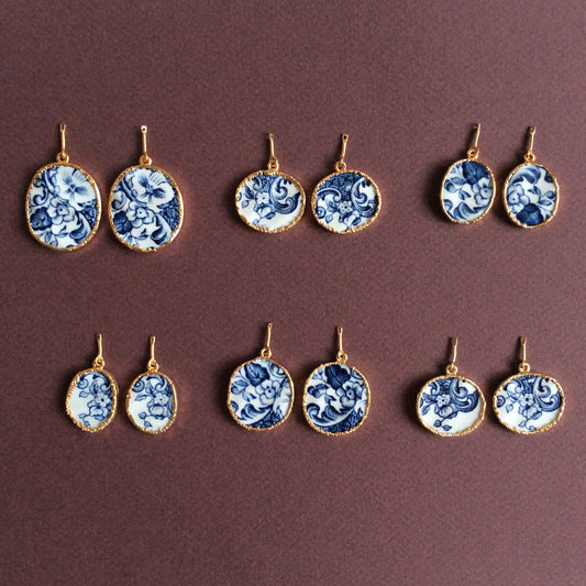 Portuguese tile azulejos porcelain earrings with round freshwater pearls