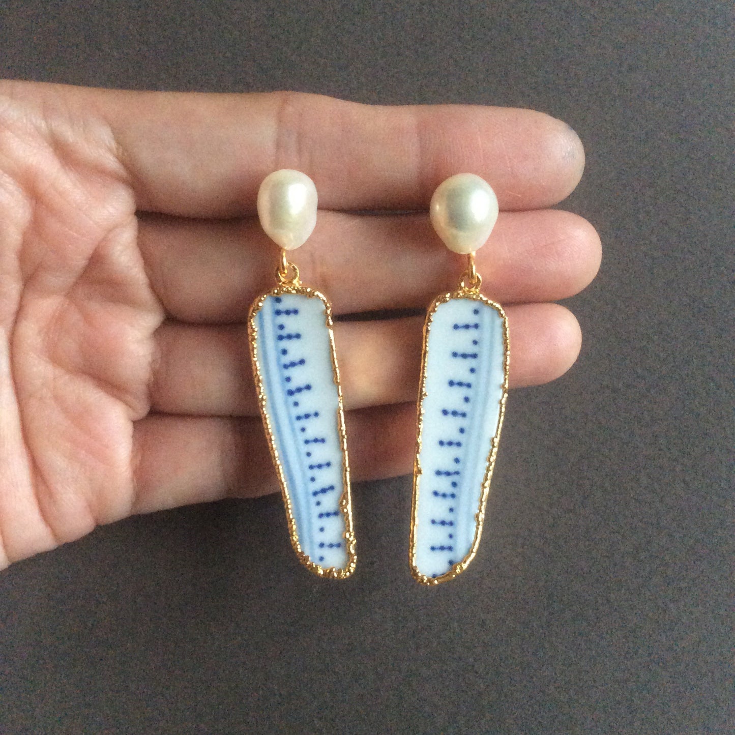 Elongated chinoiserie porcelain earrings with freshwater pearls