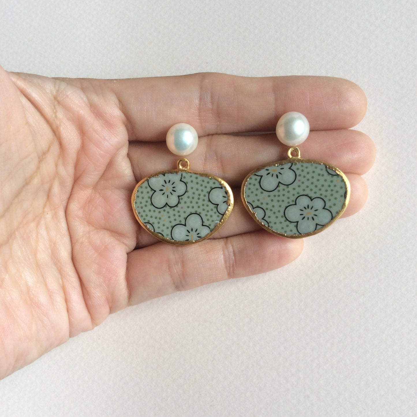 Celadon sakura porcelain earrings with freshwater pearl studs