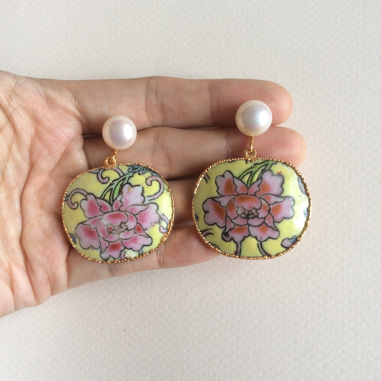 Imperial yellow peony porcelain earrings with freshwater pearl studs