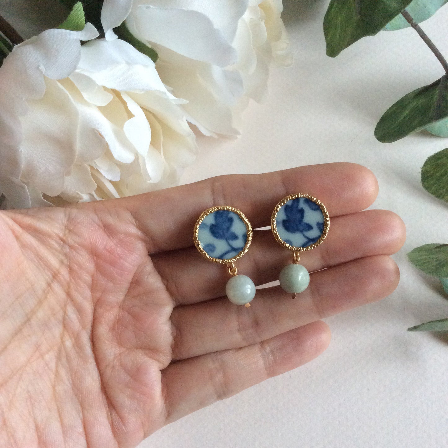 Chinoiserie porcelain stud earrings with jade drops