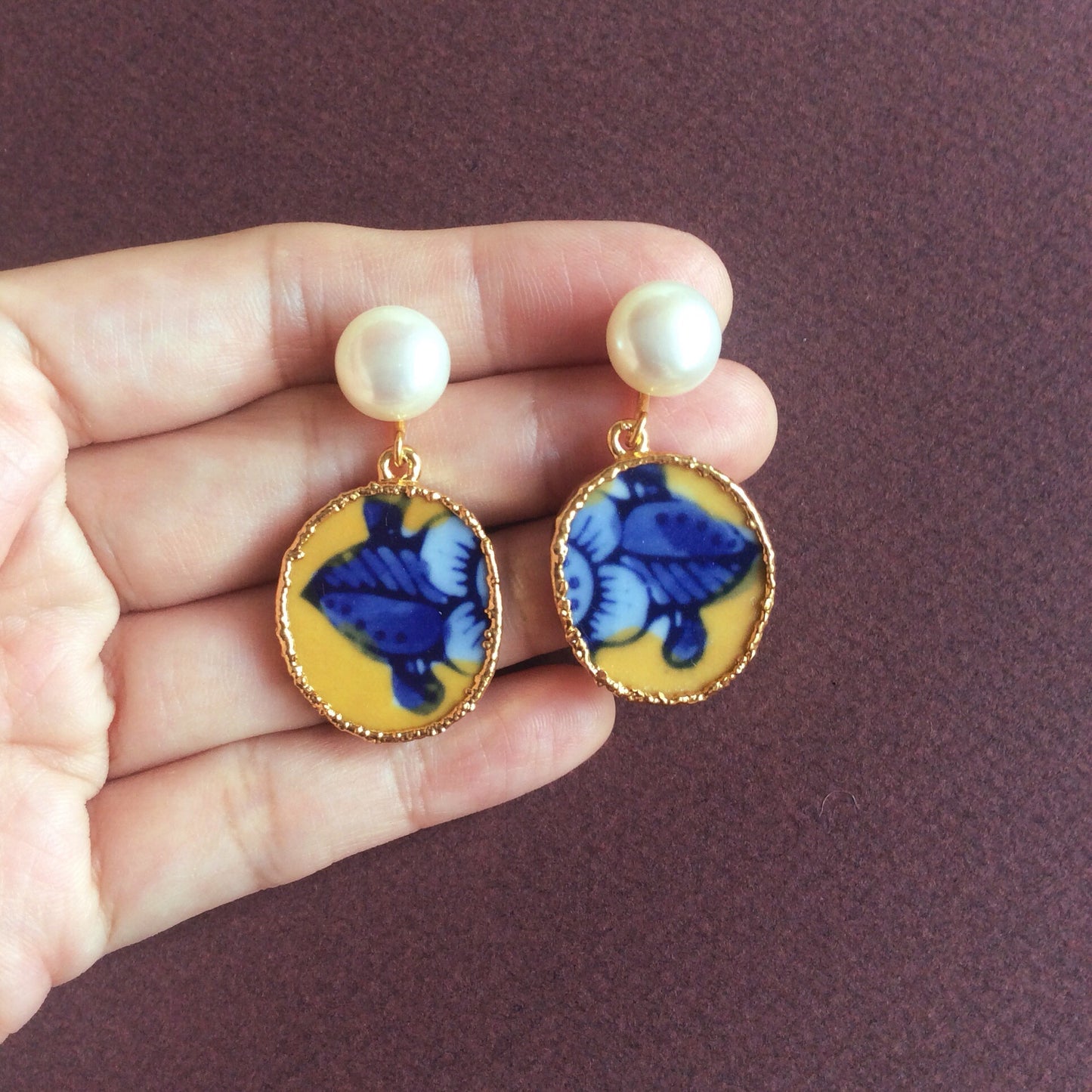 Blue and yellow porcelain earrings with freshwater pearl studs