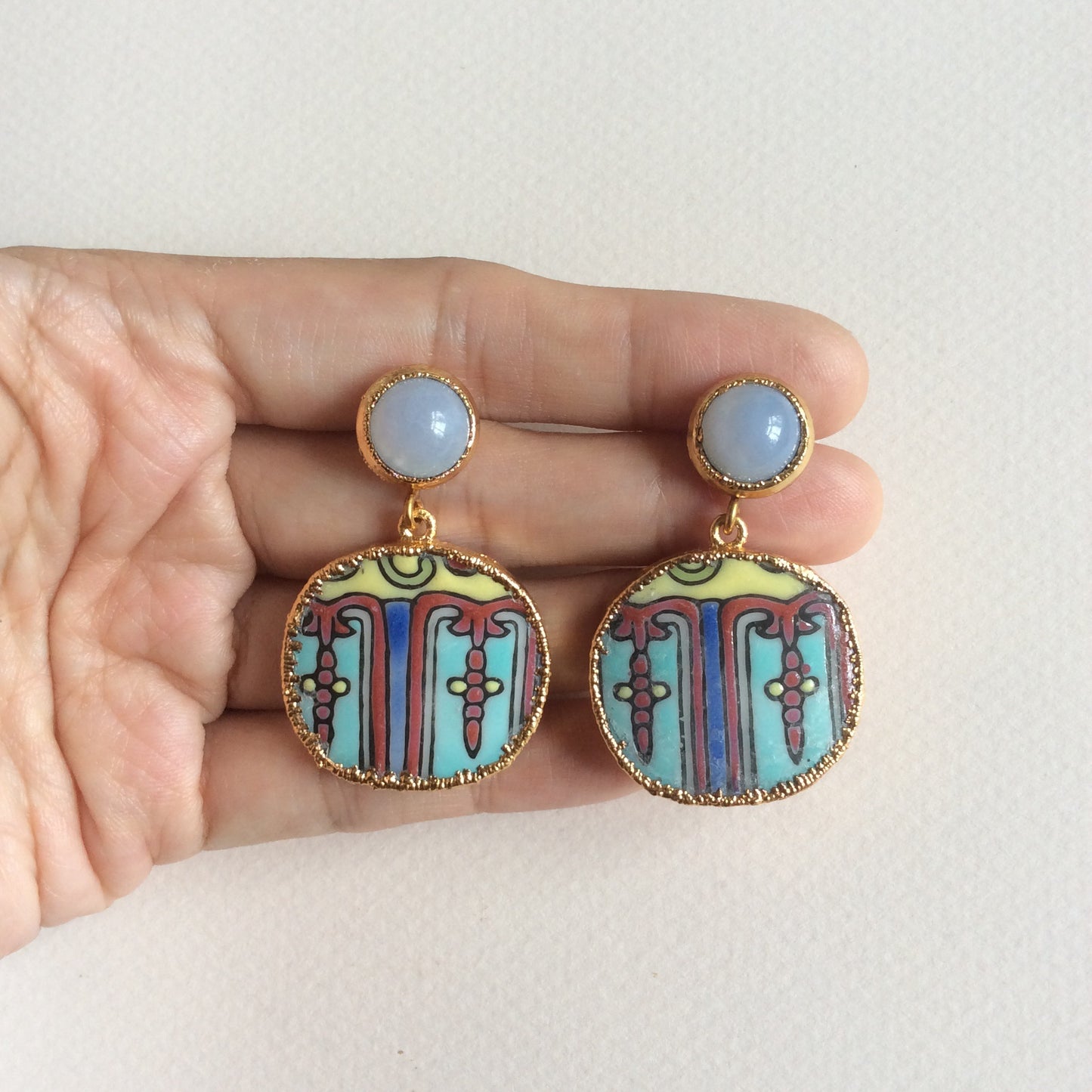 Peranakan porcelain earrings with blue chalcedony studs