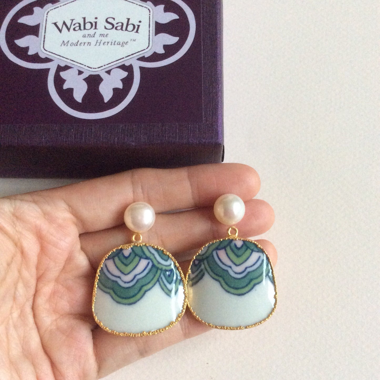 Art Deco Shanghai waves porcelain earrings with FW pearls