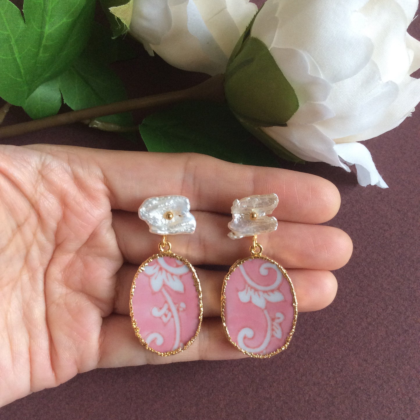 Pink acanthus porcelain with freshwater pearl studs