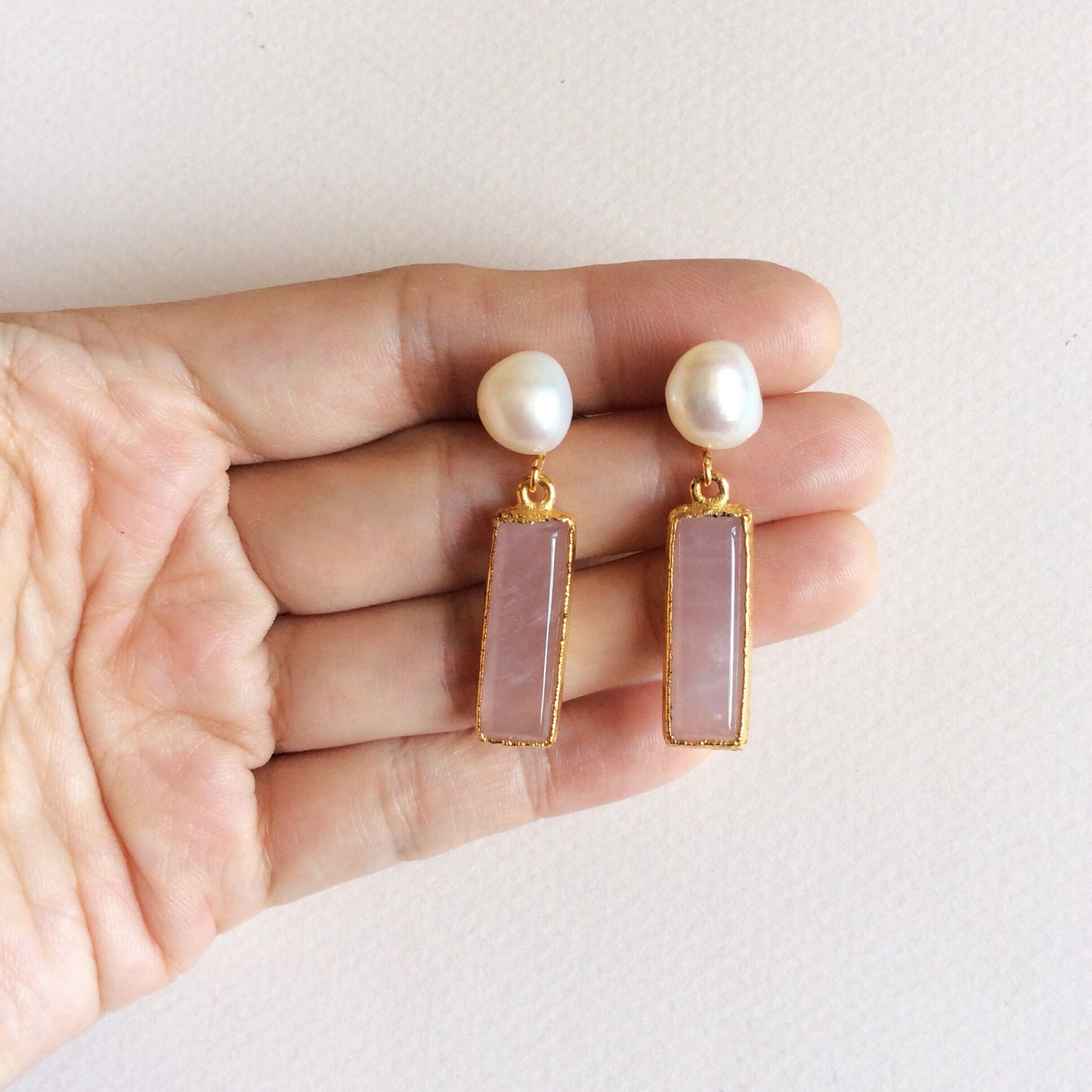 Rose quartz earrings with freshwater pearl studs