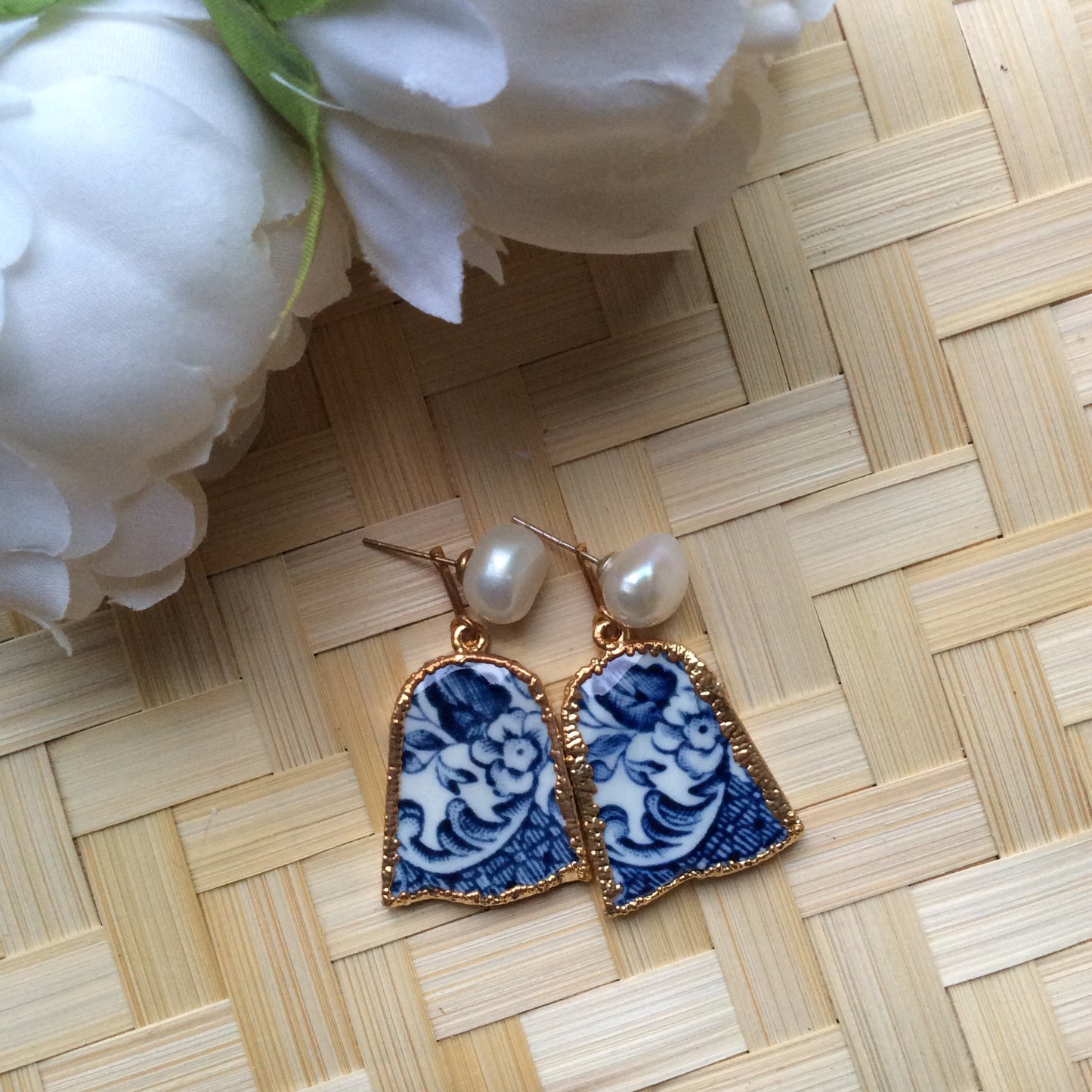 Bluebell shaped Azulejos porcelain with freshwater pearl studs