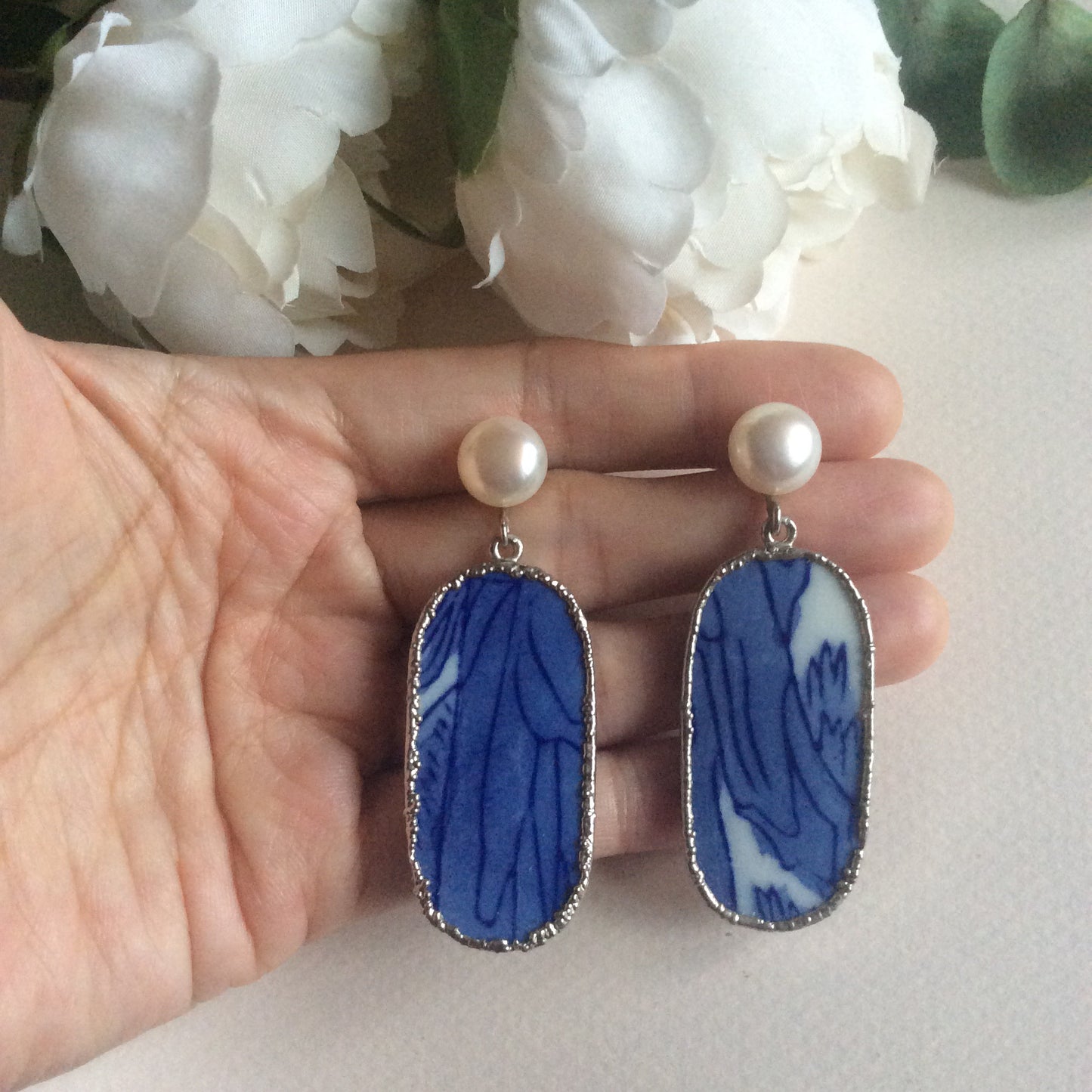 Tree bark blue and white porcelain earrings with FW pearls