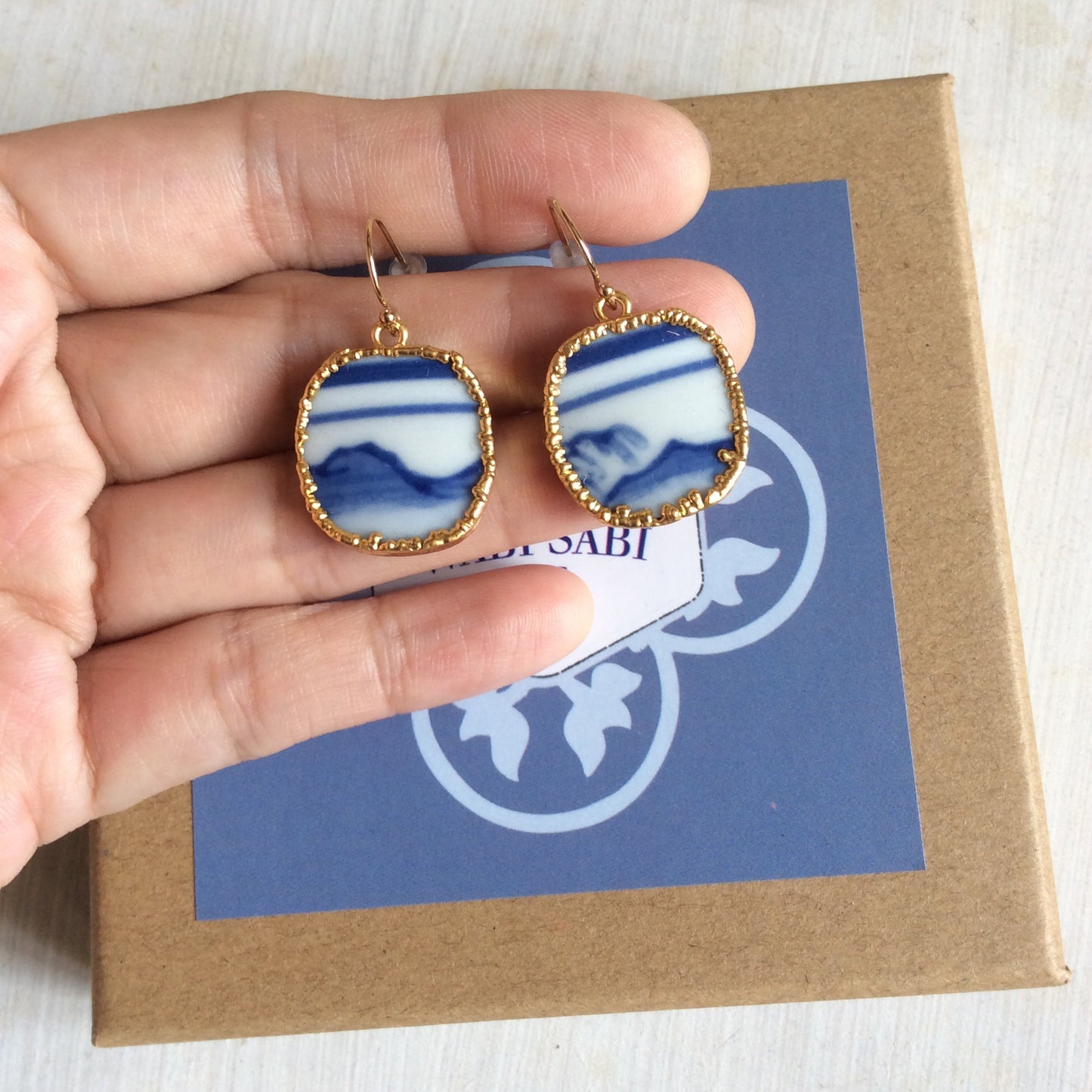 Mountains blue and white porcelain french wire hook earrings