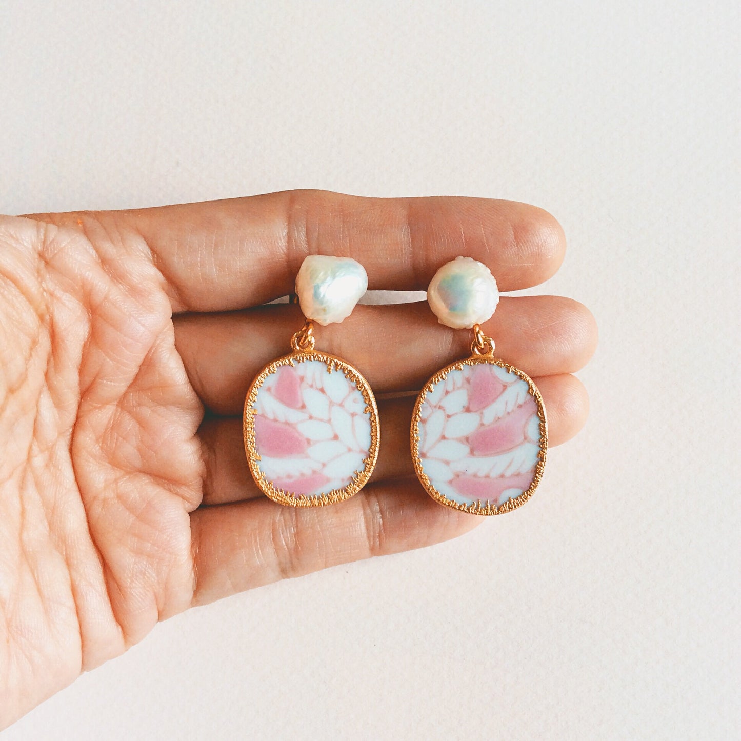 Wheat and rope pink porcelain with freshwater bumpy baroque pearl studs