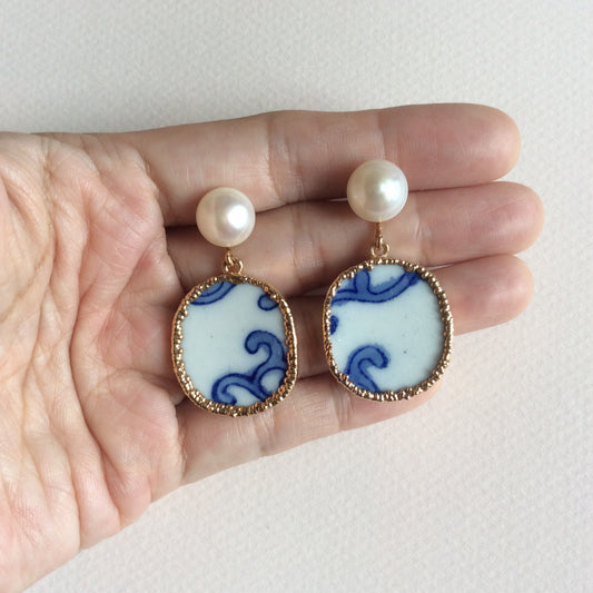 Blue and white swirl porcelain earrings