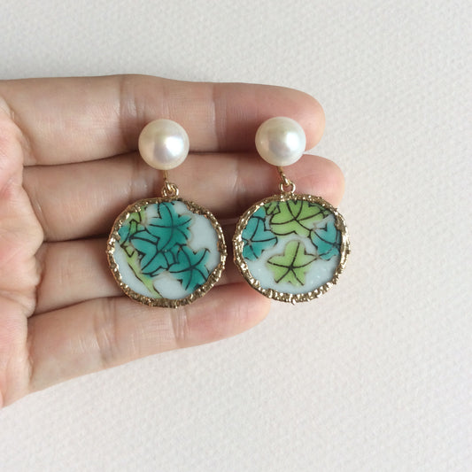 Green leaves porcelain earrings