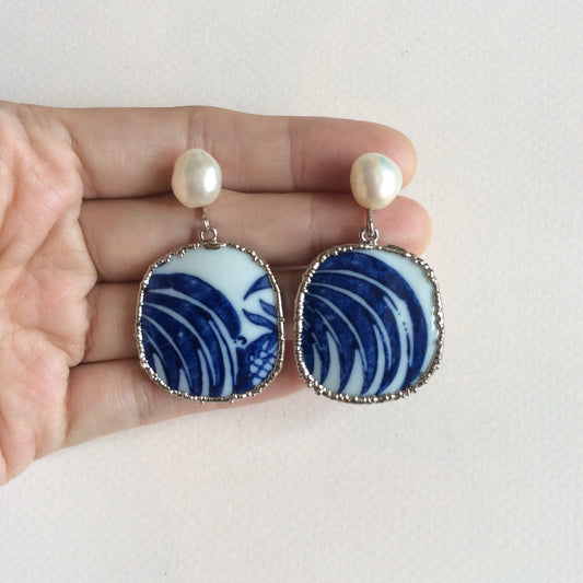 Rooster tail blue and white chinoiserie porcelain earrings with freshwater pearls