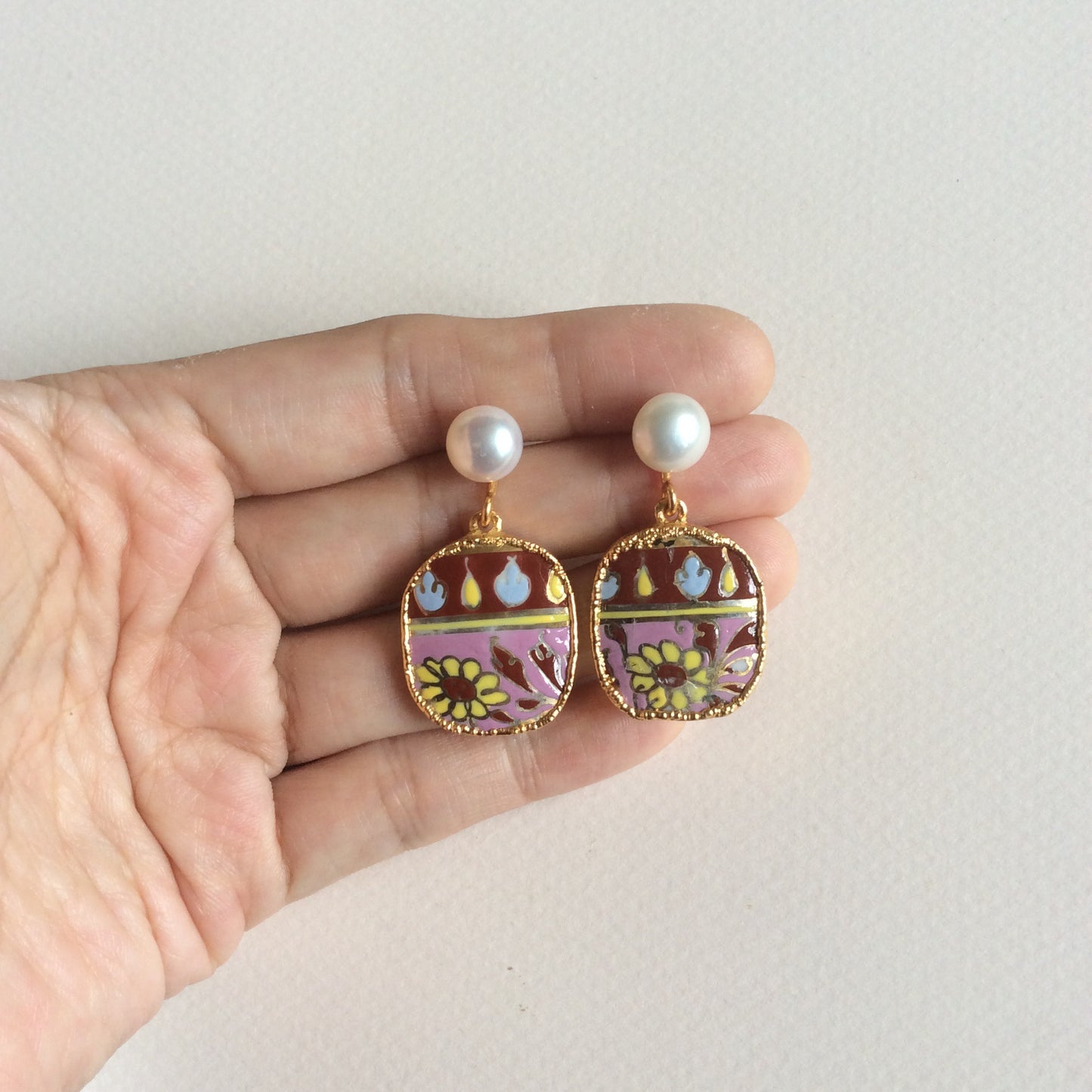 Pink batik porcelain earrings with round freshwater pearl studs