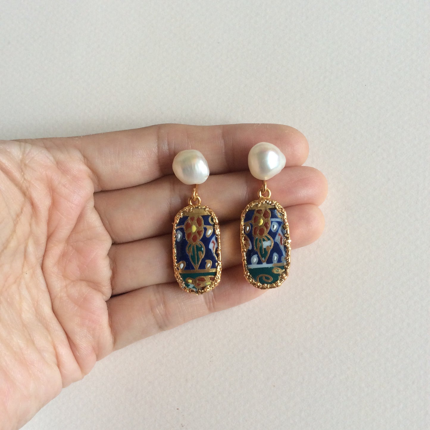 Indigo batik porcelain earrings with freshwater pearl studs