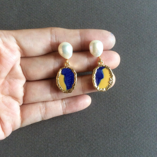 Small blue and yellow porcelain earrings with freshwater pearls