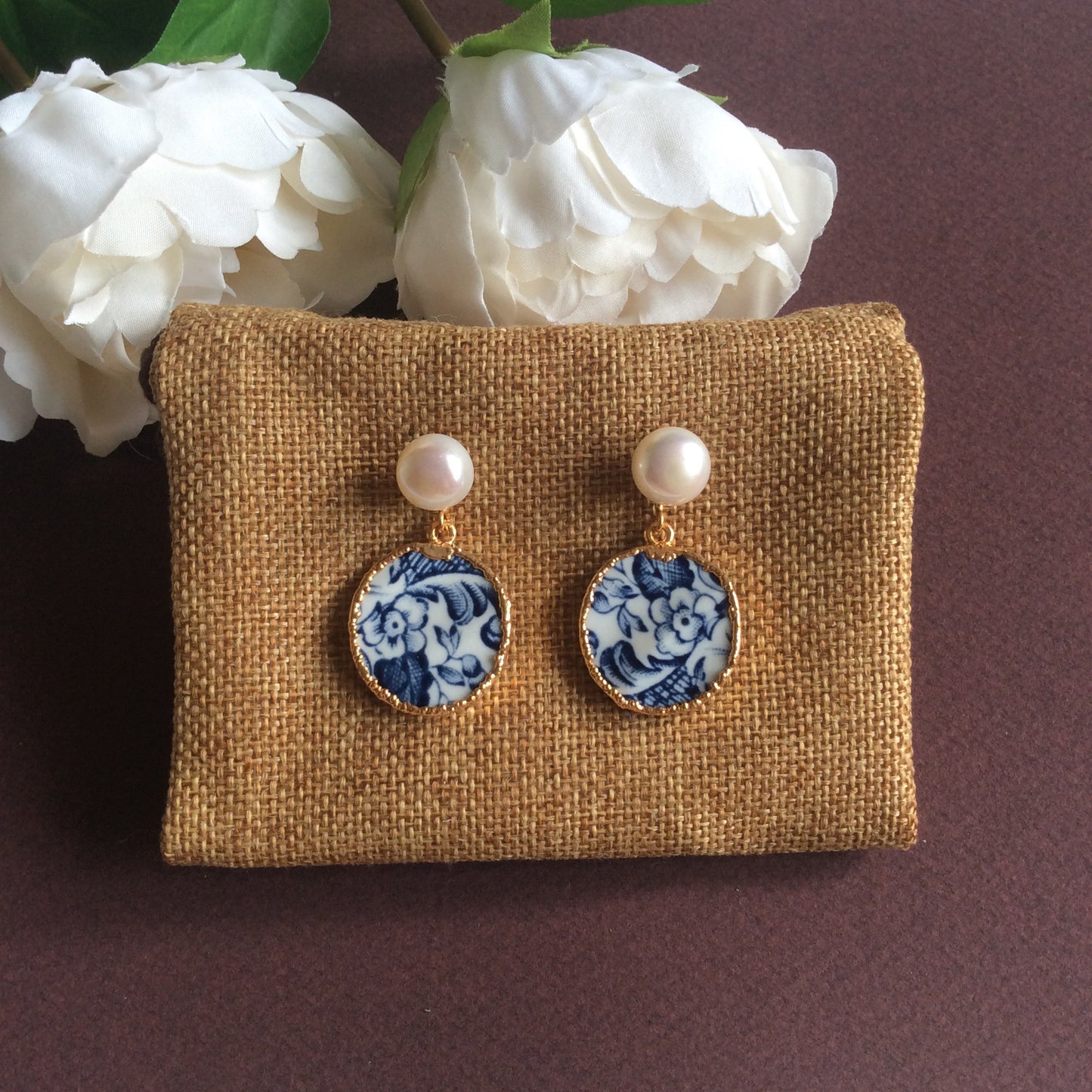 Blue and white Azulejos porcelain with freshwater pearl studs