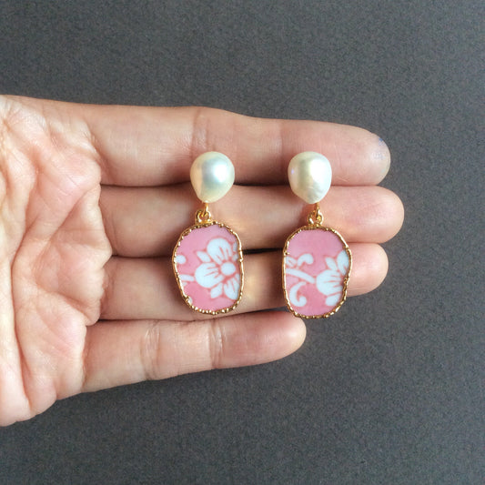 Pink and white porcelain earrings with freshwater pearls
