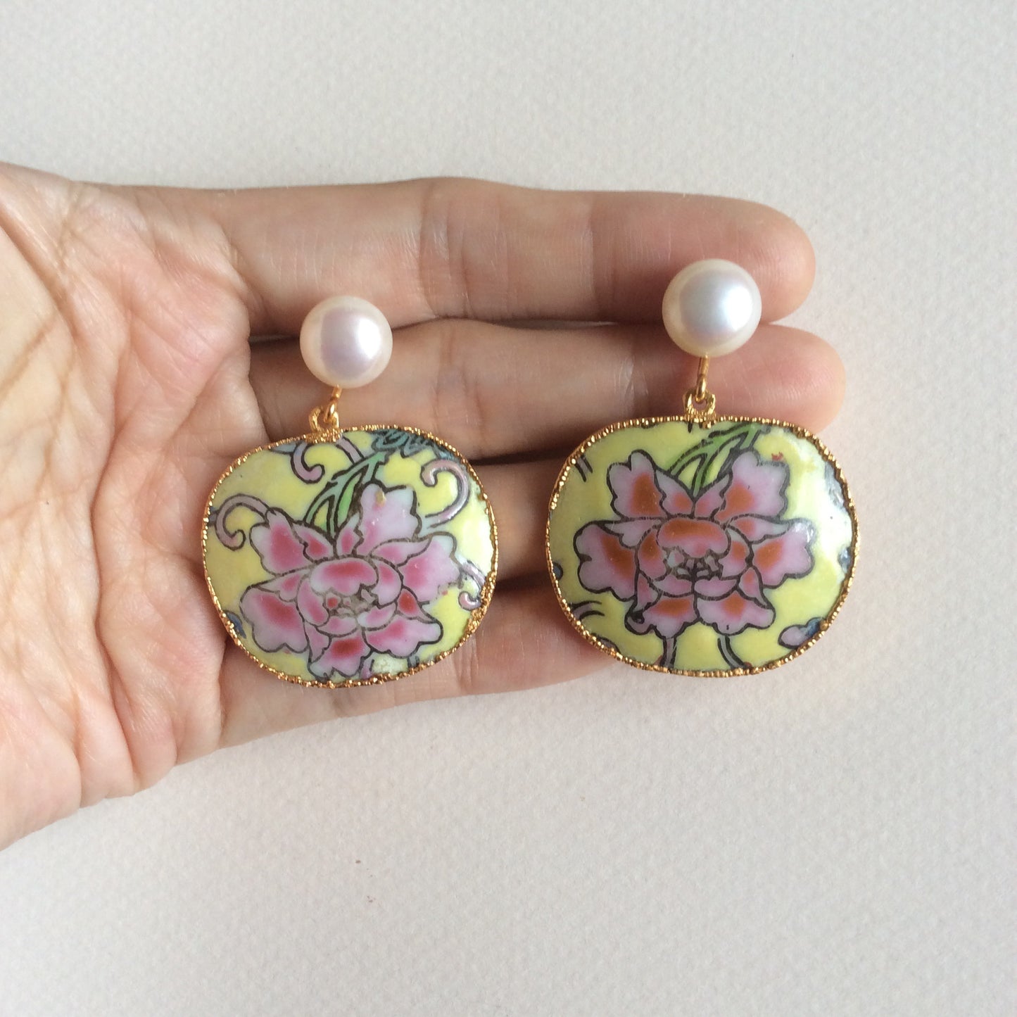 Imperial yellow peony porcelain earrings with freshwater pearl studs