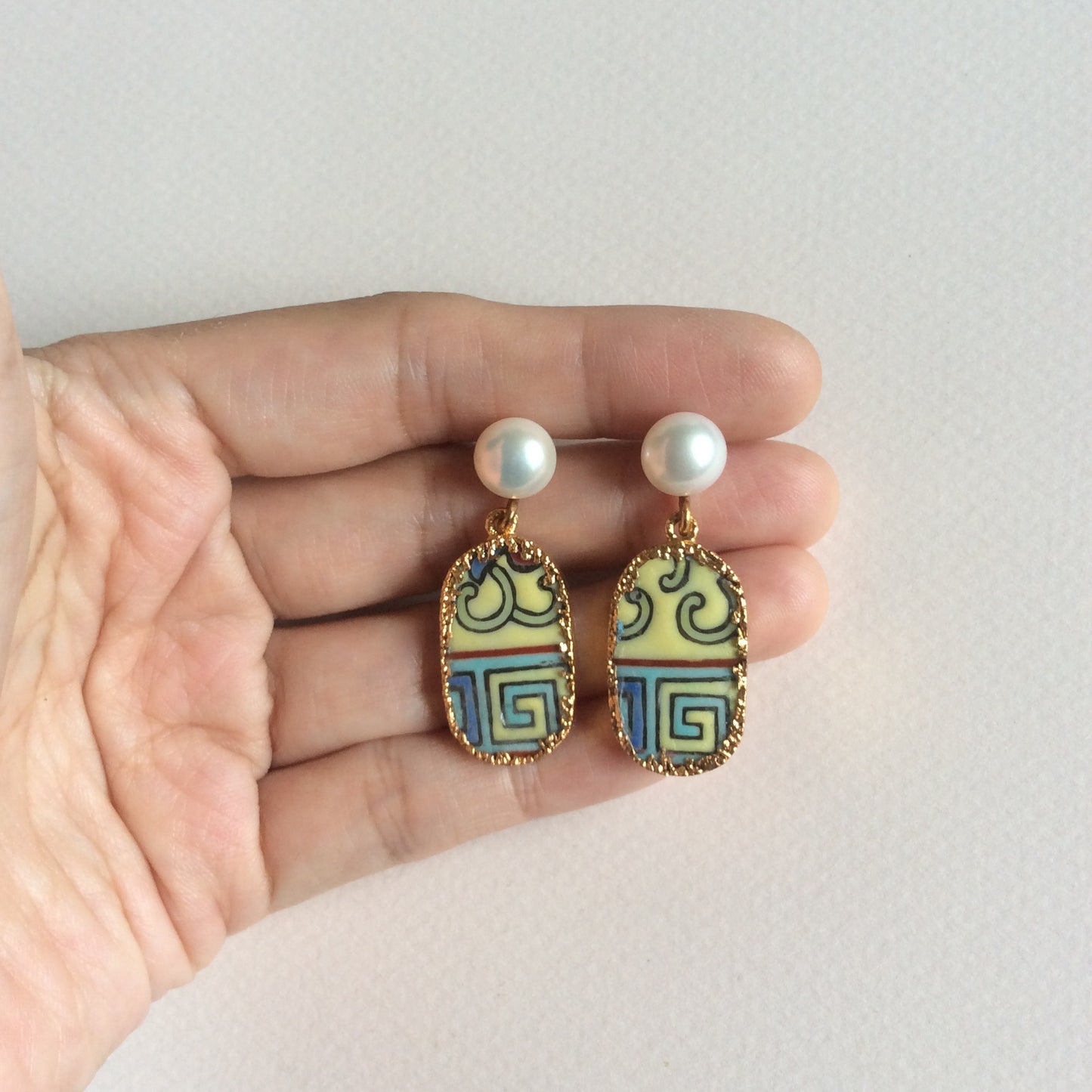 Peranakan porcelain earrings with freshwater pearl studs