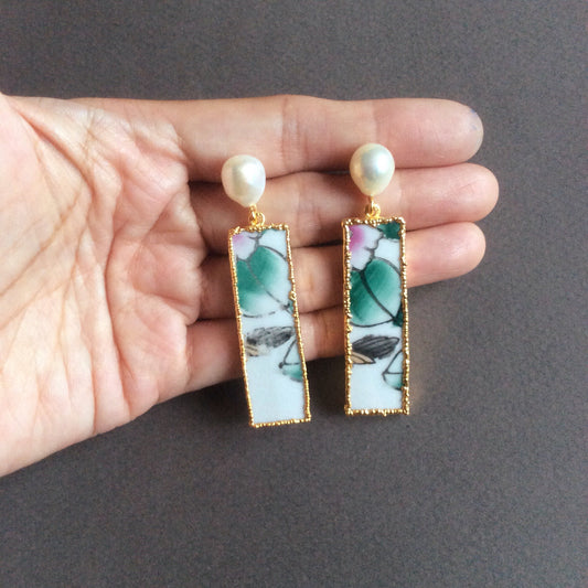 Lotus pond chinoiserie porcelain earrings with freshwater pearls