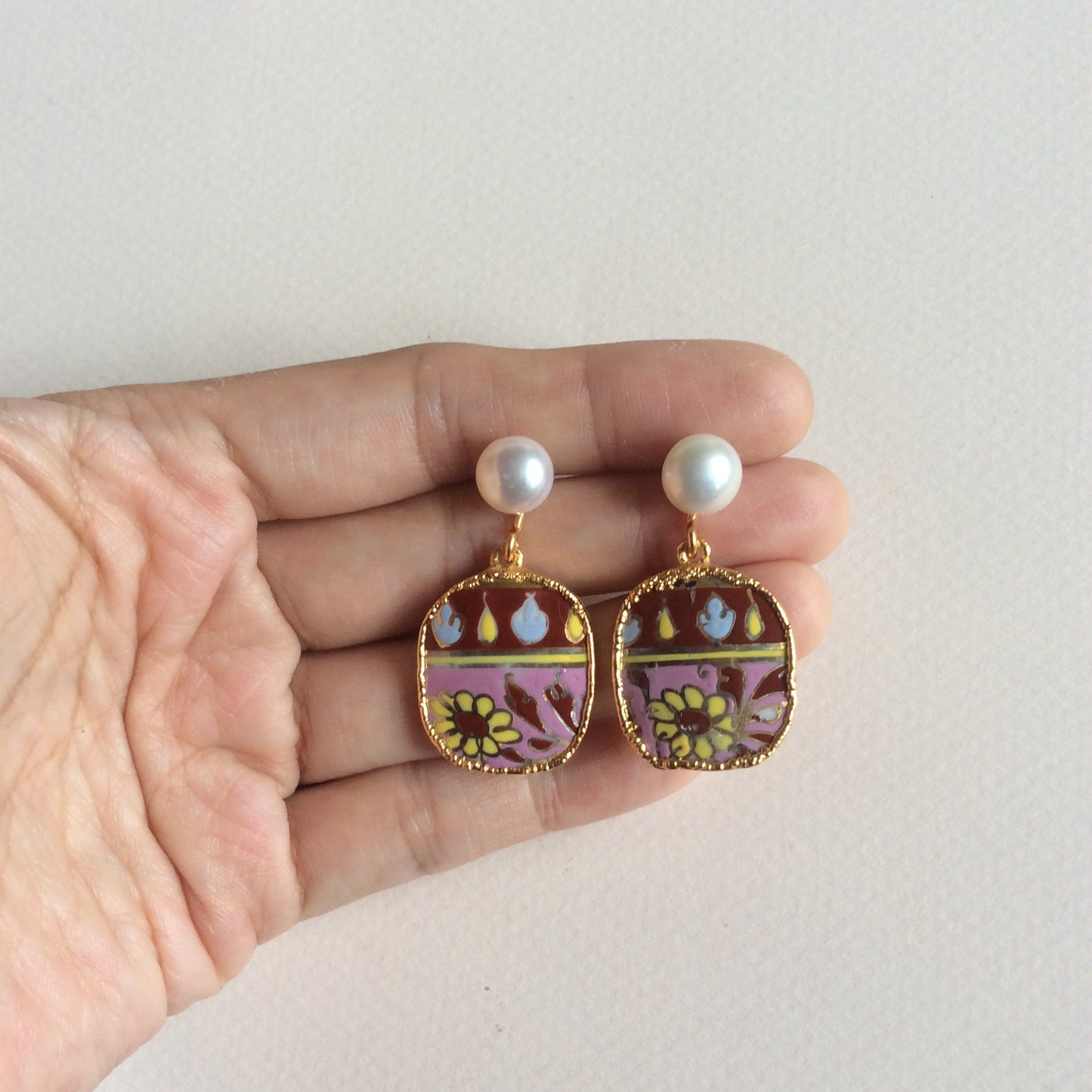 Pink batik porcelain earrings with round freshwater pearl studs