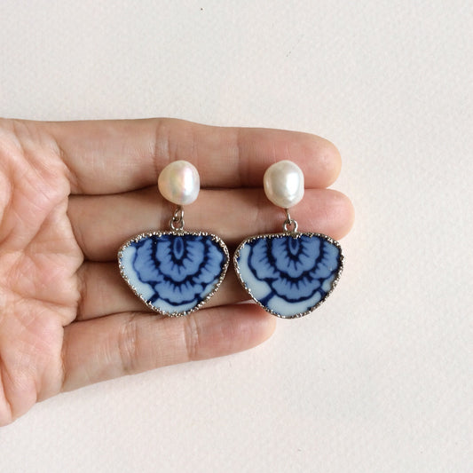 Blue and white rose chinoiserie porcelain earrings with freshwater pearls
