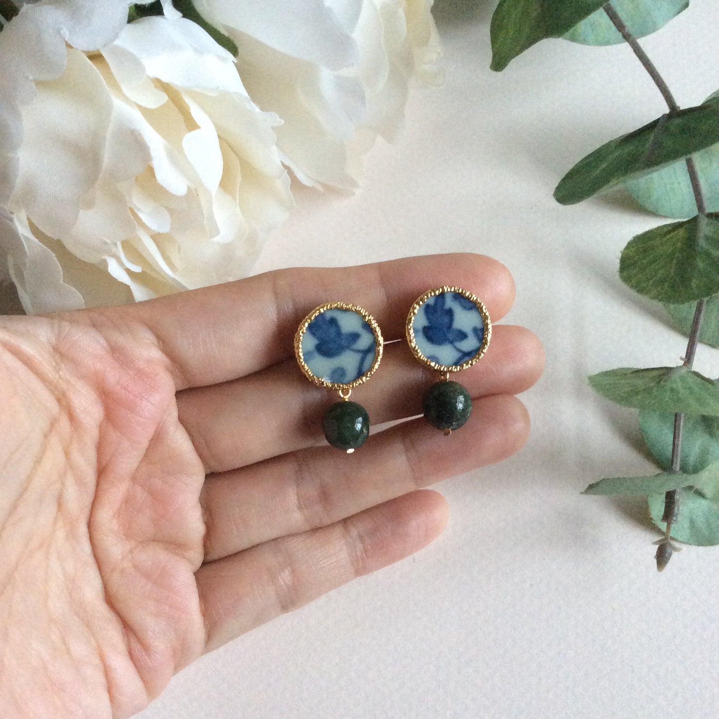 Chinoiserie porcelain stud earrings with jade drops