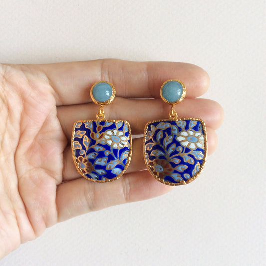 Batik porcelain earrings with aquamarine studs