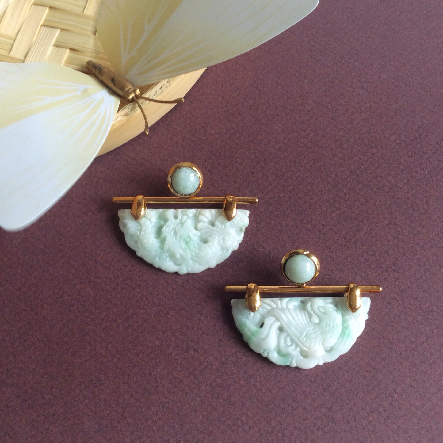 Jade mint green dragon & phoenix half moon earrings