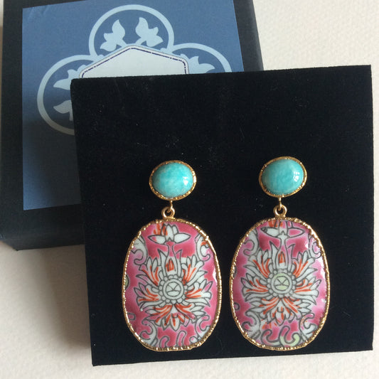 Raspberry porcelain and amazonite earrings