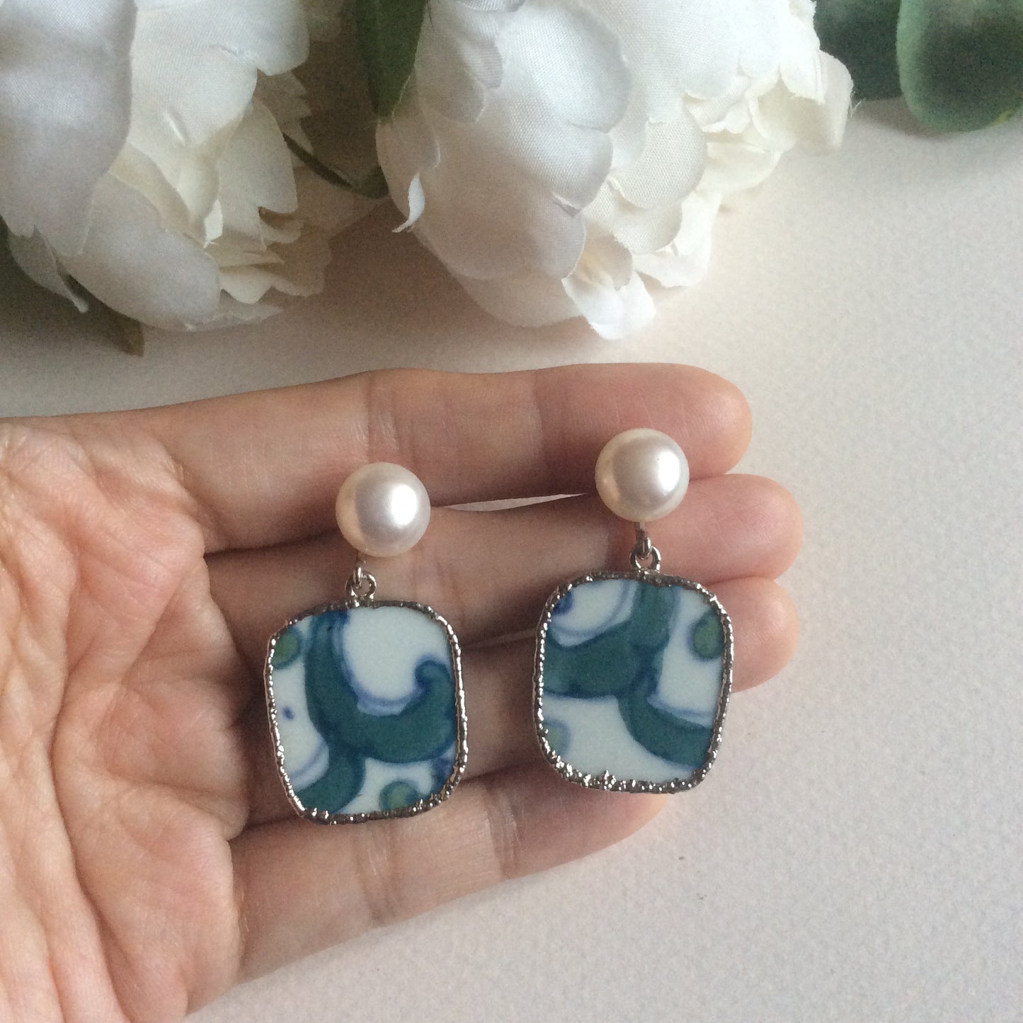 Abstract green and white porcelain earrings with FW pearls
