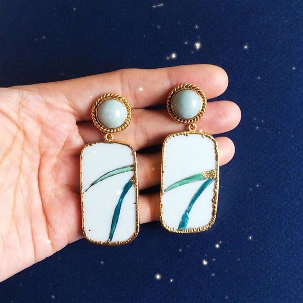 Blade Of Grass 'Kintsugi' Porcelain Earrings With Twisted Rope Jade Studs